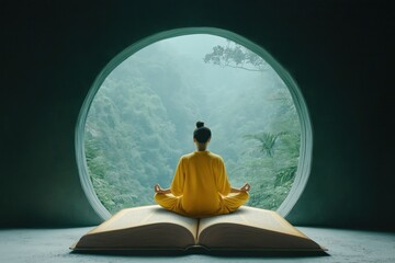 Serene person meditates by jungle window on large open book. Person in yellow clothes sits in peaceful pose. Tranquil environment evokes mindfulness, contemplation. Nature view creates calm escape.