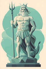 Fototapeta premium A stylized statue of a muscular figure holding a trident, representing a sea god.