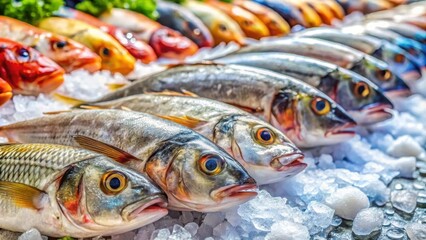 Fresh sea fish on ice at a bustling traditional fish market, seafood, fresh, market, fish, display, ice, stall, variety