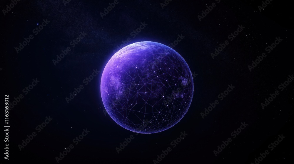 Poster purple planet earth floats in dark space. network of lines connects points on planet surface. abstra