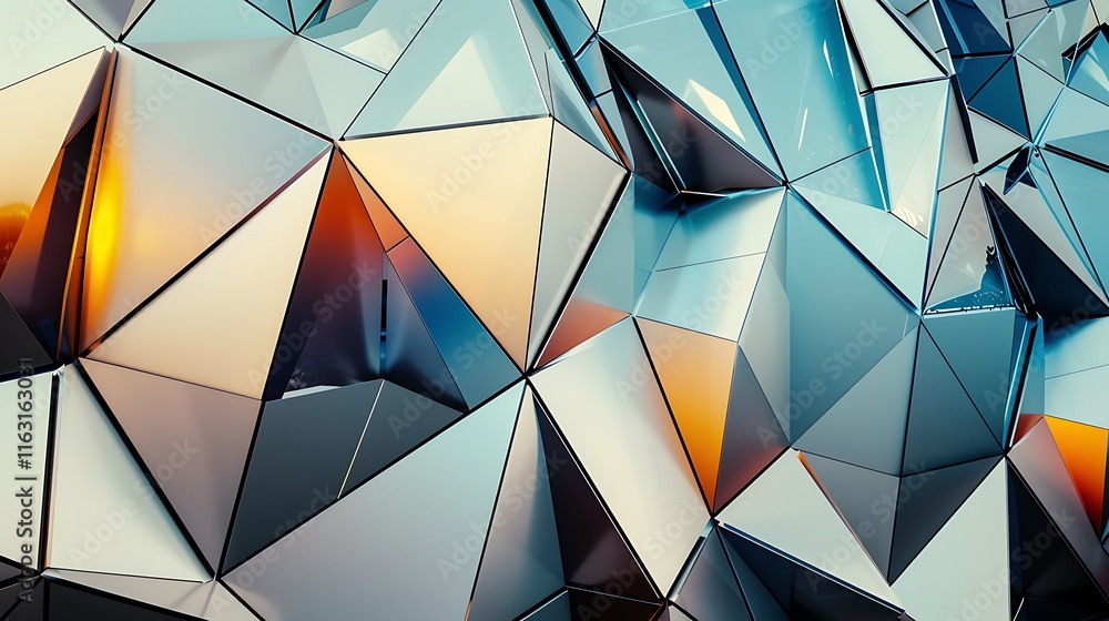 Poster digital rendering of an abstract geometric structure composed of metallic triangles. the image showc