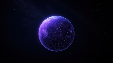 Fototapeta premium Purple planet Earth floats in dark space. Network of lines connects points on planet surface. Abstract cosmos background. Futuristic design. Global network theme. Digital illustration. Cosmic