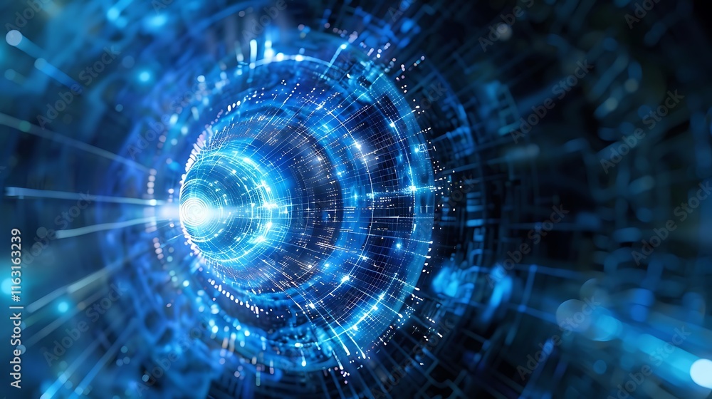 Poster digital artwork depicting a blue tunnel of technological elements. it represents innovation and the 