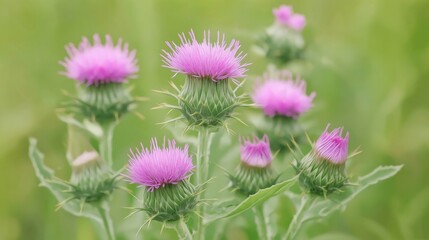 Obraz premium Closeup photo of blooming Marian thistle flowers. Pink flowers, green leaves show flora beauty. Wild plant grows in meadow garden. Natural summertime colors. Plant in field. Macro photo gives detail