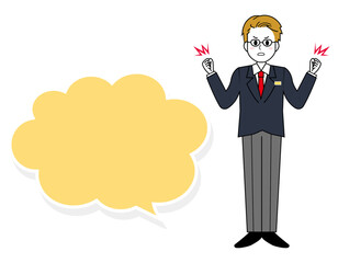 Obraz premium 接客をする男性販売員のイラスト 男性のビジネスマンの全身イラスト ふきだし 見出し