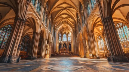 Sunlit interior of a grand cathedral, showcasing its high vaulted ceilings, stained glass windows, and intricate stonework.