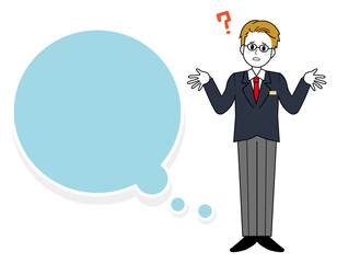 接客をする男性販売員のイラスト　男性のビジネスマンの全身イラスト　ふきだし　見出し