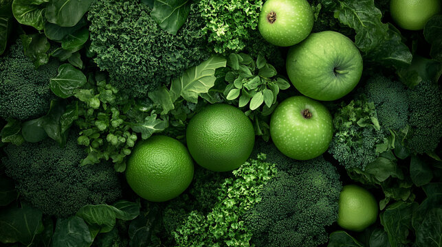 Fresh green vegetables and fruits arranged artistically on a textured background