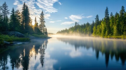 Obraz premium Serene sunrise over calm lake with misty shoreline and evergreen trees reflecting in water.