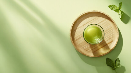 Fresh green beverage served in a clear glass on a wooden tray with mint leaves