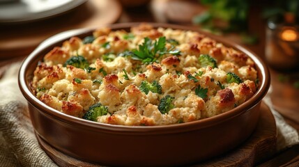 Cheesy stuffing dish loaded with broccoli pieces. Baked in a brown casserole dish. Perfect Thanksgiving side dish. Looks flavorful and homemade. Appetizing food on a wooden table.