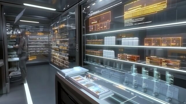 A digitally rendered futuristic lab featuring augmented reality data streams