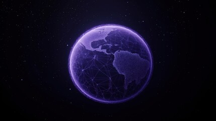 Purple planet Earth in outer space. Global network connects continents. Abstract tech cosmos background. Futuristic design shows universe, galaxy. Digital map of Earth. Starry night sky. Virtual