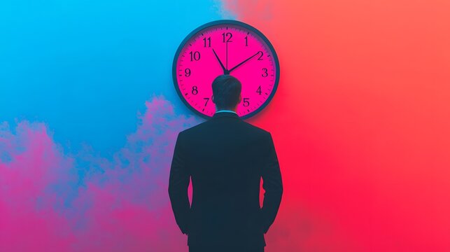 Businessperson Contemplates Time with Holographic Clock in a Vibrant and Ethereal Background. Time Management Concept