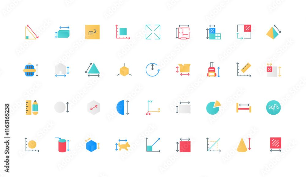Poster size measurement, guide and tools to measure length and height, depth color icon set. ruler with sca