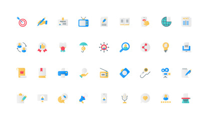 News in social media and press, advertising campaign for online creative content to print and publish color icon set. Story, text of article in blog and inspiration flat elements vector illustration