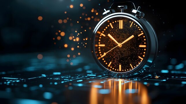 A mesmerizing digital clock glows amid a vibrant matrix, merging technology and time in harmony. Time Management Concept