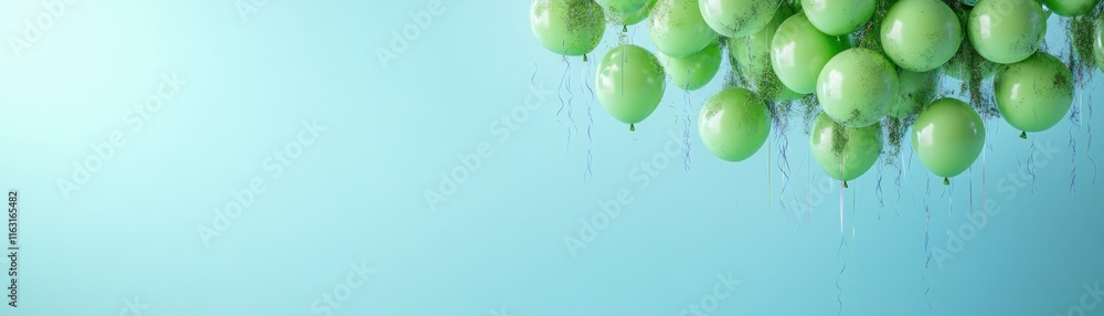 Poster capture the essence of celebration with these playful green balloons with colorful strings, creating