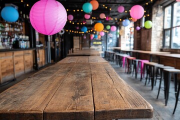 Capture the essence of a lively pub celebration, where festive lights, drinks, and fun come together in this vibrant image Observe the colorful lanterns, the rustic wooden tables, and the inviting