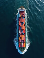 A majestic container ship towers over the open waters, surrounded by a seemingly endless blue horizon, its cargo hold bursting with thousands of stacked containers