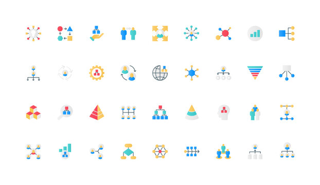 Organizational structure of corporate company, org chart and hierarchy of employees group color icon set. Business workforce, tree flowchart with chairman, pyramid flat elements vector illustration