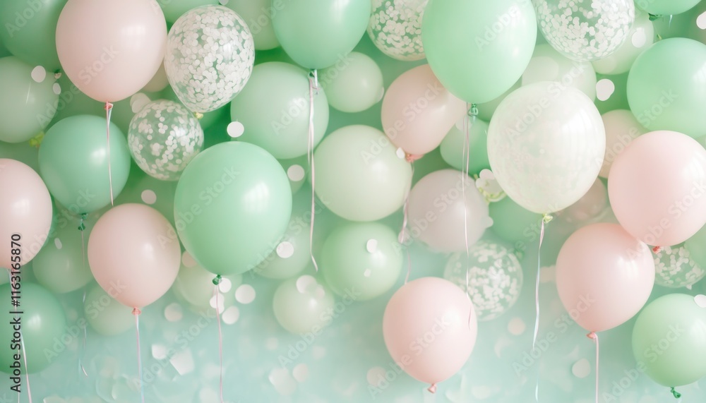Aufkleber capture the joy with a cheerful display of floating green balloons tied with colorful strings, along