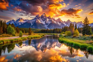 Fototapeta premium Vintage sunrise landscape: majestic snowy mountains mirrored in a calm river.