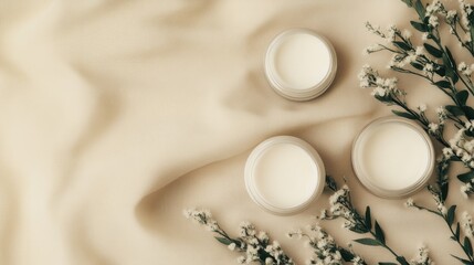 Natural Skincare Products on Soft Fabric with Flowers and Herbs