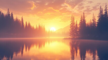 Obraz premium Serene Sunrise Over Misty Lake with Pine Trees and Colorful Sky