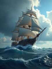 A majestic three-masted sailing ship battles against turbulent sea and sky, its billowing white sails catching the fury of the storm