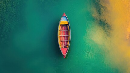 Fototapeta premium Aerial view of a colorful wooden boat on tranquil teal water.