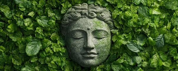 Fototapeta premium Discover serenity with this ancient stone Buddha face nestled in lush greenery, a powerful lucky charm, symbolizing unwavering good luck and belief, resting in an ancient forest The peaceful