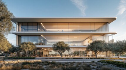 Obraz premium Modern Glass Building with Lush Landscape and Bright Skies