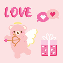 Cute Hand Drawn Cartoon Vector Cupid Pink Bear  Valentine Clip Art Set