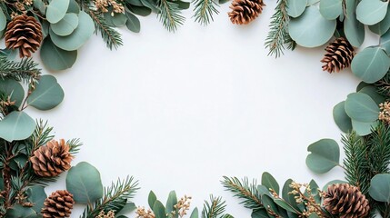 Fototapeta premium Beautiful flat lay of eucalyptus and pinecones in a decorative frame on a white background, perfect for seasonal designs, nature themes, or organic product promotions.