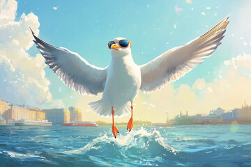 A happy seagull in sunglasses with its wings spread flies against the backdrop of the city's coastal strip, houses and the sea. Sea waves and the city on a sunny day