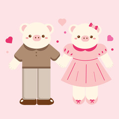 Cute Hand Drawn Cartoon Vector Couple Pig Valentine Clip Art Set