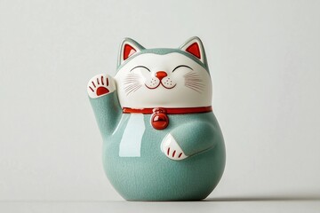 Cute light teal colored lucky cat figurine stands out on plain background. Traditional Asian good luck charm. Smiling cat figurine with raised paw. Symbol of fortune, wealth. Perfect home decor. Gift