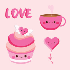 Cute Hand Drawn Cartoon Vector Cozy Valentine Food Clip Art Set