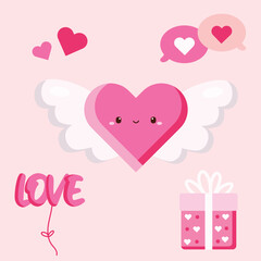 Cute Hand Drawn Cartoon Vector Cupid Heart Angel Valentine Clip Art Set