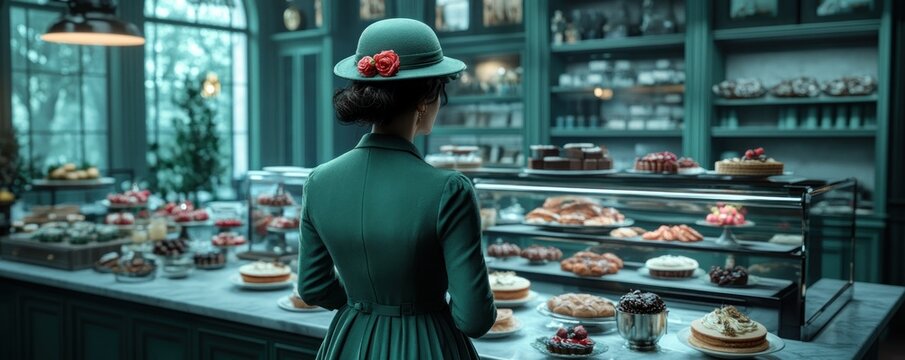 Step back in time with this captivating image of a model wearing a green vintage hat, gracefully styled in 1920s-inspired clothing, inside a charming, nostalgic boutique setting Explore the elegance