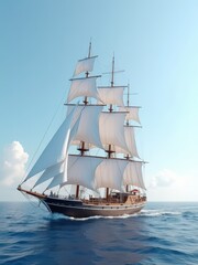 A majestic, three-masted sailing ship cuts through the vast ocean under billowing white sails that dance in the wind's gentle caress