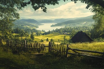 Obraz premium Typical countryside Norwegian landscape. Sunny summer morning in Norway, Europe. Beauty of nature concept background. Artistic style post processed with generative ai