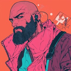 Bold male character in vibrant comic art style with pink and orange theme