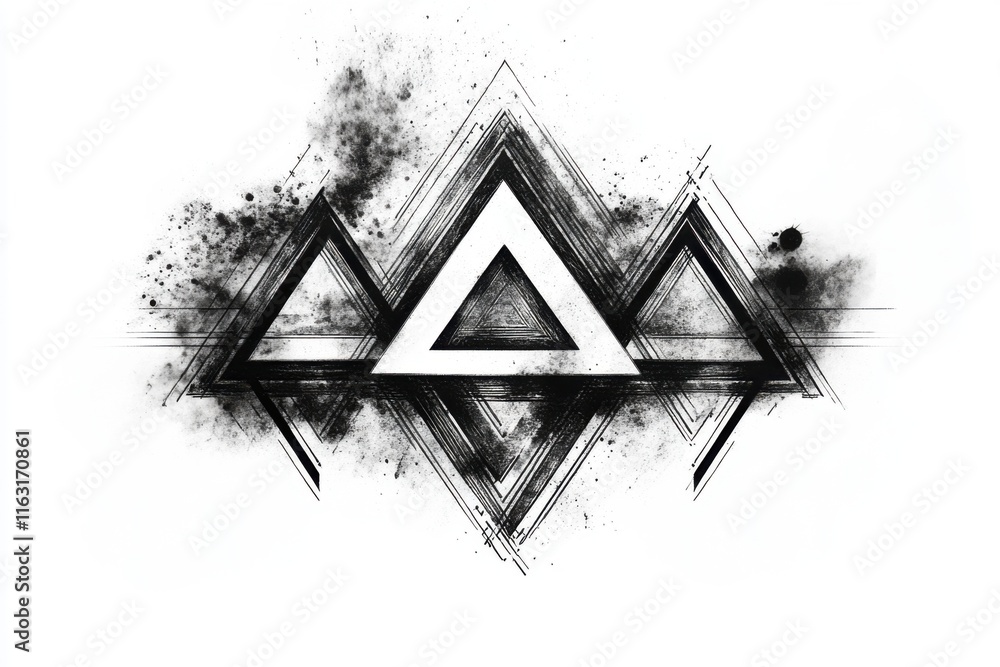 Poster abstract geometric black and white ink artwork: triangular design with splashes and lines