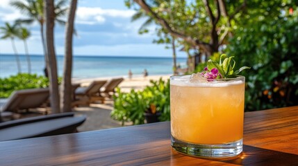 Refreshing Tropical Cocktail Garnished with Flowers by Beach