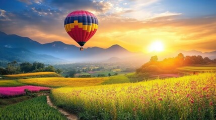 Fototapeta premium Colorful Hot Air Balloon Over Majestic Sunrise in Scenic Landscape
