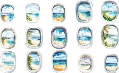 airplane window with a view watercolor clipart