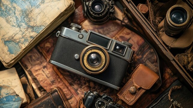 Vintage Camera Collection with Old Maps and Leather Accessories