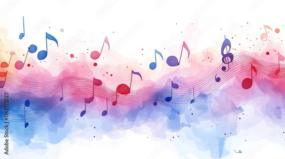 Poster pastel watercolor background with music notes. gentle colors create soft ambiance for musical theme.